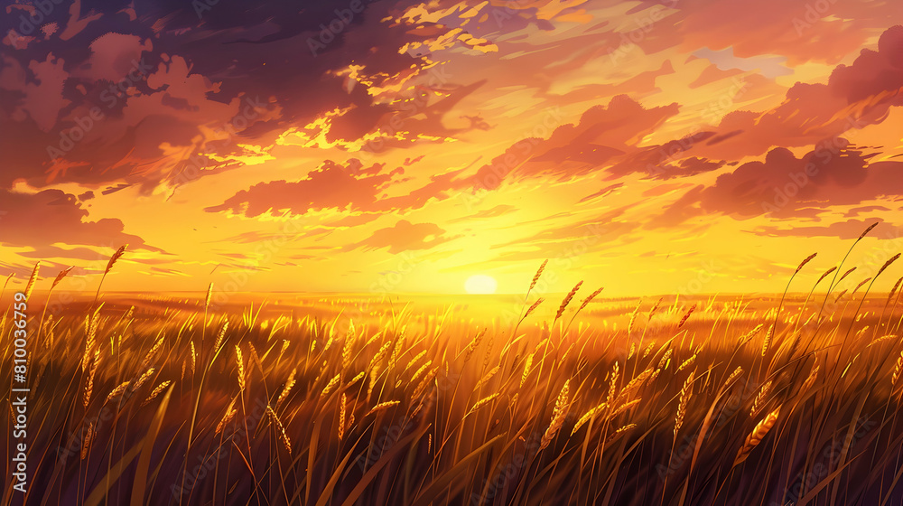 A panoramic view of the high plains under a vibrant sunset, with expansive fields of golden wheat swaying in the wind