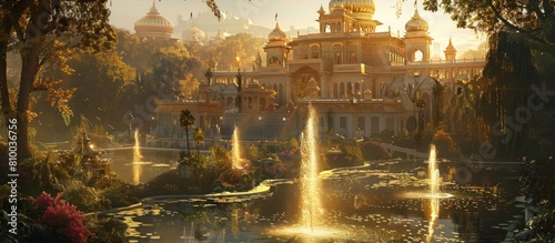 Opulent Palace Bathed in Golden Sunlight Amid Lush Gardens and Shimmering Fountains Symbolizing