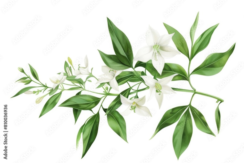 Branch of a plant with white flowers and green leaves, suitable for nature and gardening concepts