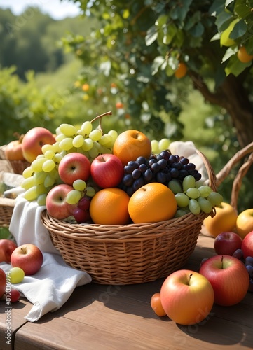 A wicker basket filled with various fresh fruits including apples  oranges  grapes  and berries on a table outdoors with a blurred green background