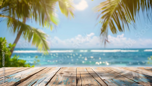 Wood table with blurred sea and coconut tree background. Concept of beach in summer.