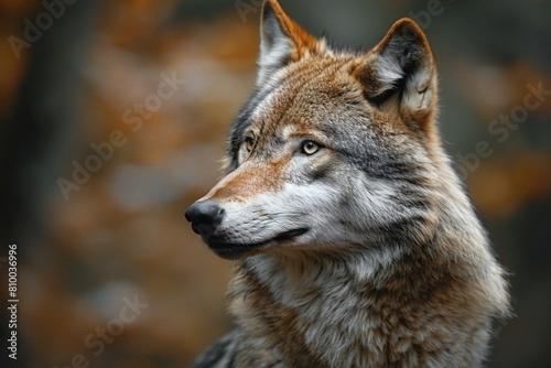 Portrait of a wolf in the autumn forest  close-up