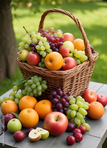 A wicker basket filled with various fresh fruits including apples  oranges  grapes  and berries on a table outdoors with a blurred green background