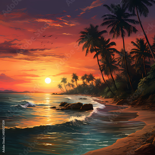 Tropical beach at sunset with palm trees.