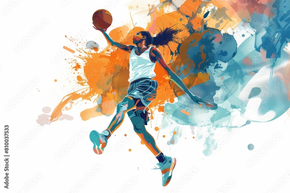 female basketball player in midair, about to dunk the ball with intense focus and energy Generative AI