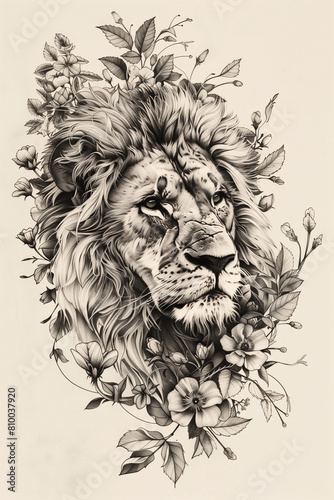 A drawing of a lion with flowers