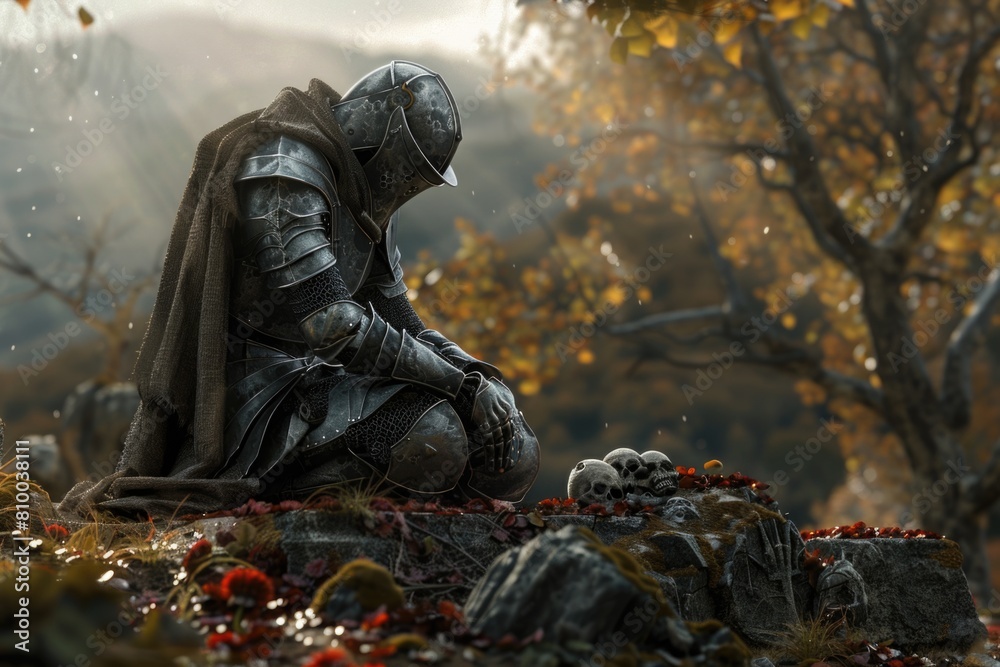 A man in armor kneeling on a rocky surface. Suitable for historical and fantasy themes A man in armor kneeling on a rocky surface. Suitable for historical and fantasy themes