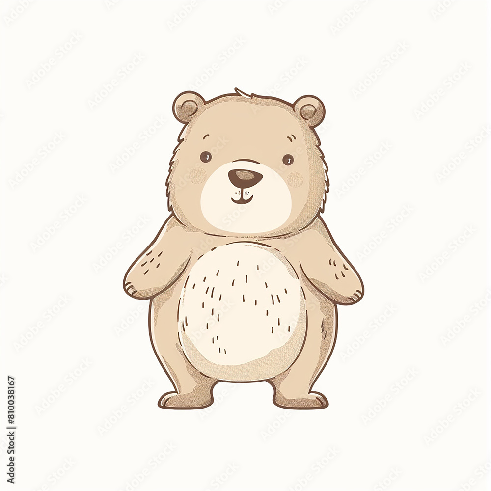 Fototapeta premium A white background with a cute cartoon illustration of a bear in the center