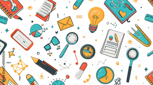 A white background with various learning tools in the center, depicted in cartoon style.