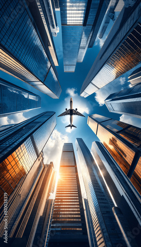 A dynamic vertical looking up at a cluster of towering skyscrapers with reflective glass facades under a bright blue sky