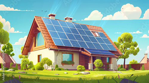 An illustration depicting the installation of solar panels, done in a cartoon style.