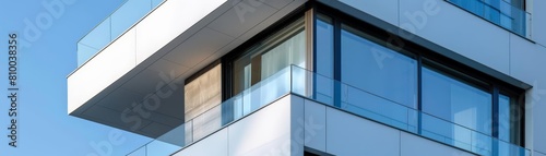 minimalist modern architecture detail featuring a white building with glass windows against a clear blue sky