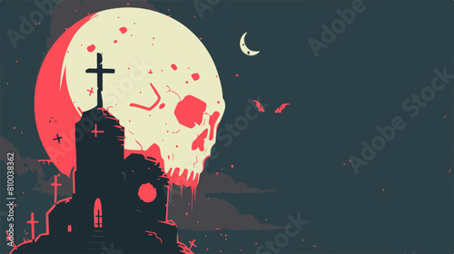 Spooky Skull and Haunted Church Under Full Moon