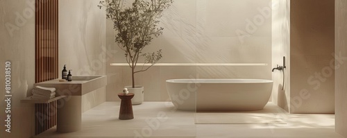 minimalist modern bathroom interior featuring a white bathtub and sink with silver faucet, complemented by a brown vase and small plant on a white floor
