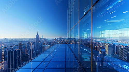 Clear blue sky and vast city from a high vantage point through seamless glass  reflecting urban growth