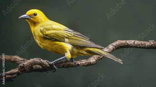 Female Eurasian Golden Oriole Perched on Wild Tree Branch. Majestic Bird with Vibrant Black photo