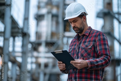 Engineer inspecting site with clipboard