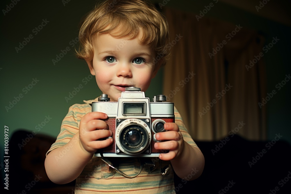 Cute young child with a curious expression holding an old-fashioned camera, poised to capture the moment Cute young child with a curious expression holding an old-fashioned camera, poised to capture the moment