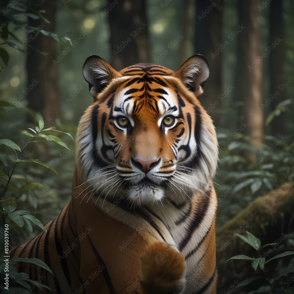 A majestic Bengal tiger in a dense, overgrown forest environment