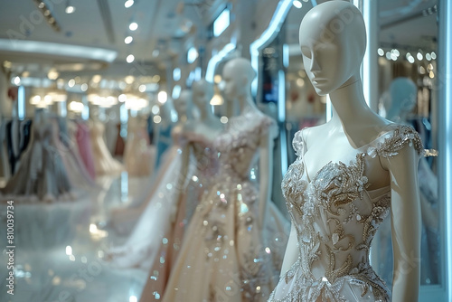 Elegant mannequins dressed in couture dresses. Beautiful wedding dresses in bridal salon.
