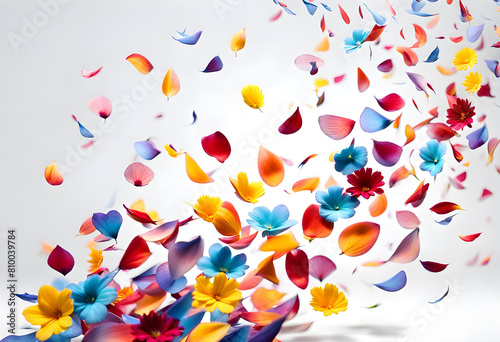 Landscape view of colorful rose petals flying in the air