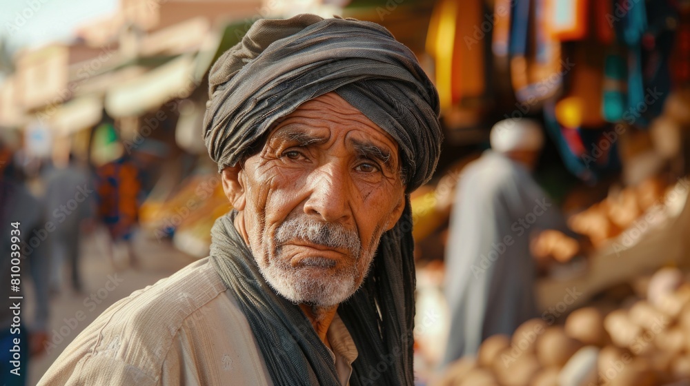A man wearing a turban in a bustling market. Suitable for cultural and travel concepts