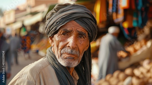 A man wearing a turban in a bustling market. Suitable for cultural and travel concepts