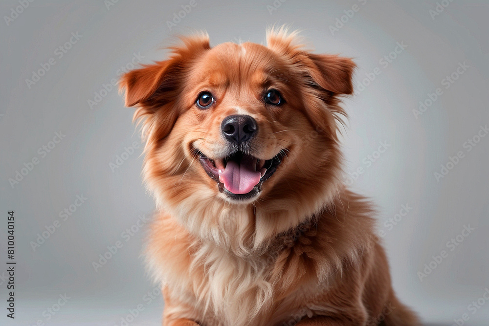 Cute fluffy portrait smiling puppy. Looking at camera isolated on background, funny moment, cute dog, pet concept