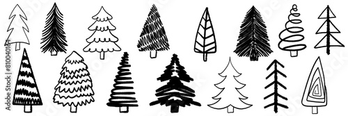 Collection of Christmas trees. Brush painted stylized trees for New Year and Christmas greeting cards, wrapping holiday design.