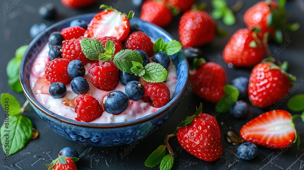 A yogurt bowl with strawberries and blueberries, served on a table with mint leaves A yogurt bowl with strawberries and blueberries, served on a table with mint leaves
