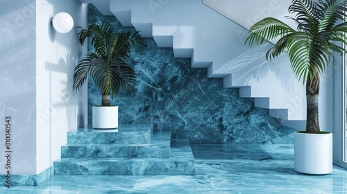 Modern entrance hall with a cyan marble staircase minimalist style and cyan accents photo