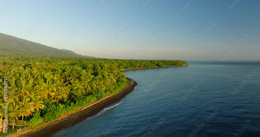 Water, trees, and mountains create a beautiful natural landscape from the sky