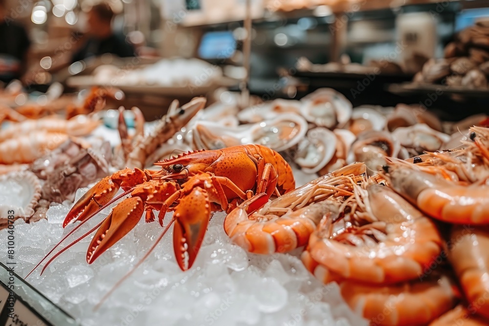 A variety of fresh seafood in a display case. Perfect for seafood market advertising A variety of fresh seafood in a display case. Perfect for seafood market advertising