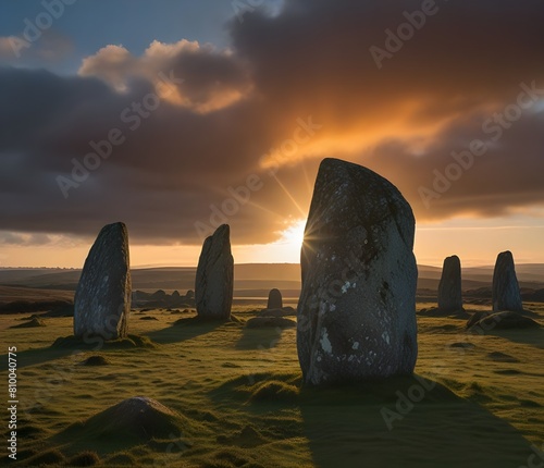 Ancient prehistoric standing stones in a stone circle, Scorhill Stone Circle, Dartmoor National Park, Devon, England, United Kingdom
