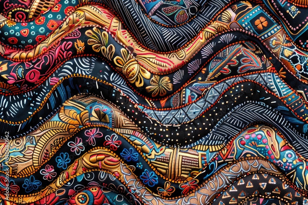 Close up of a colorful cloth with intricate designs. Perfect for fashion or textile backgrounds