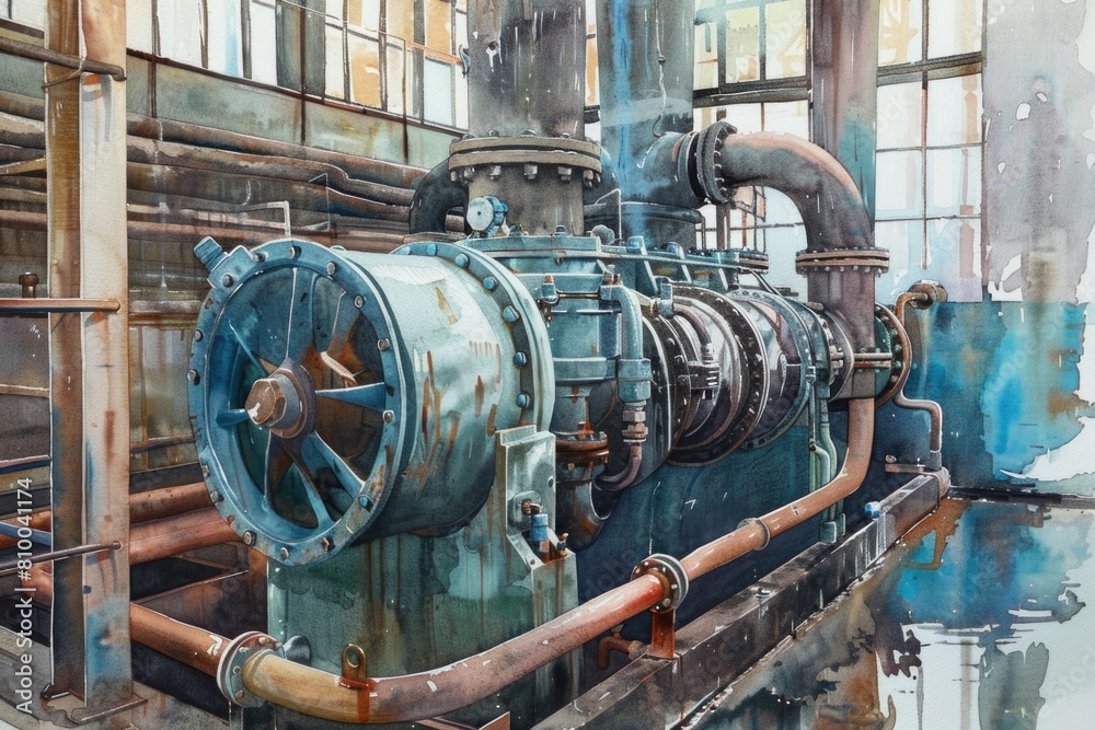 Detailed watercolor painting of a large industrial machine. Perfect for industrial-themed designs Detailed watercolor painting of a large industrial machine. Perfect for industrial-themed designs