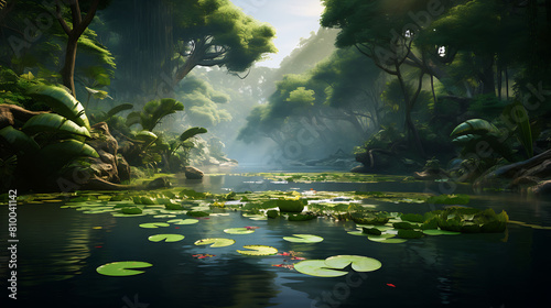 A serene pond nestled within the jungle  with lily pads floating peacefully on the water s surface.