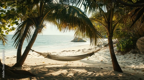 A hammock is swaying between two tall palm trees on a sandy beach, overlooking the crystalclear water and blue sky. The natural landscape is serene and perfect for relaxation AIG50