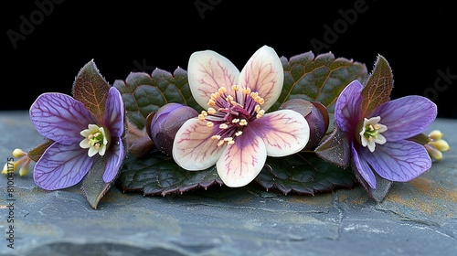   A cluster of vibrant purple blossoms resting atop a lush green foliage plant perched on a rock