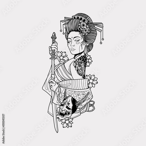 Japanese geisha kimono artwork vector illustration