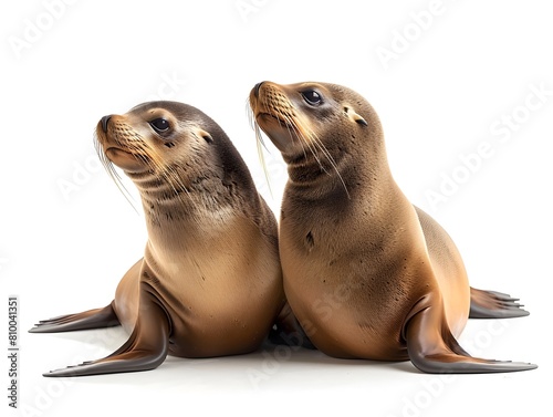 Curious Sea Lions Posing on White Background