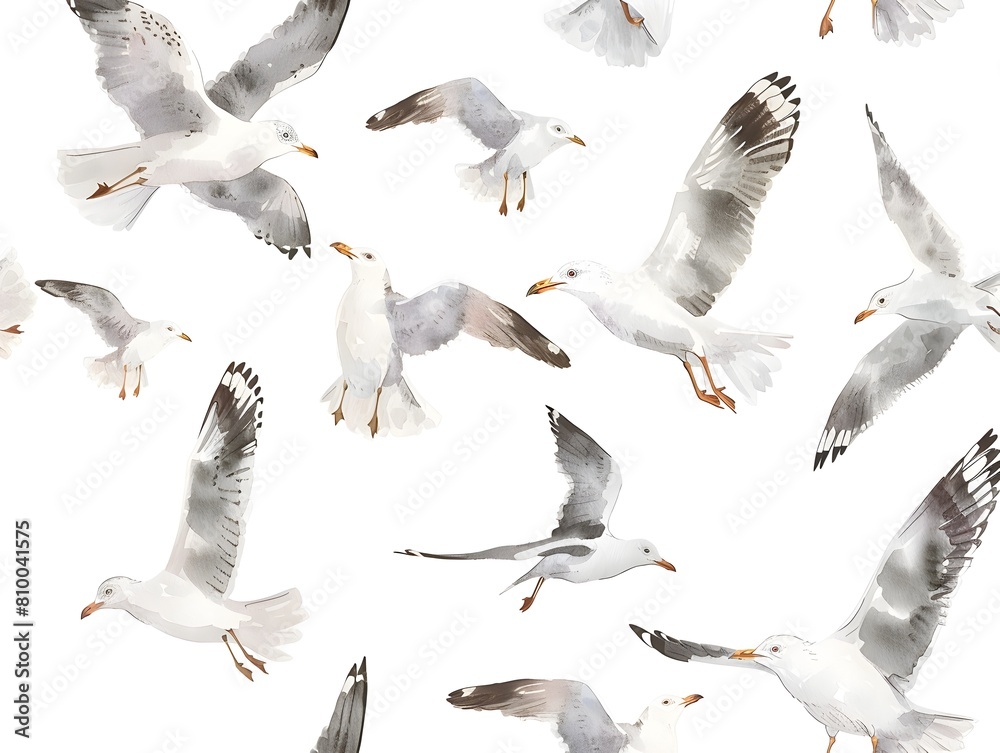 Fototapeta premium Flock of Seagulls Gracefully Soaring Against a Pristine White Background