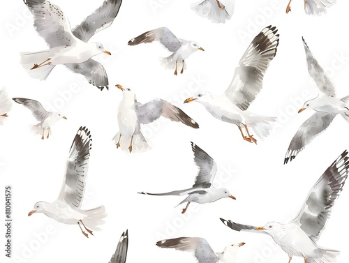 Flock of Seagulls Gracefully Soaring Against a Pristine White Background