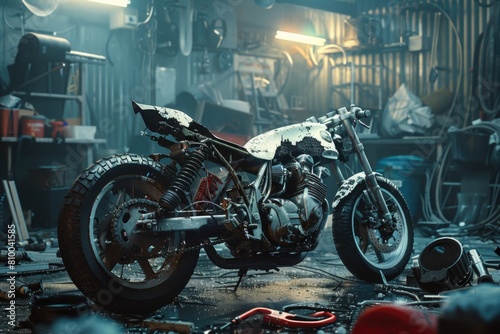 A motorcycle parked in a garage, suitable for automotive concepts