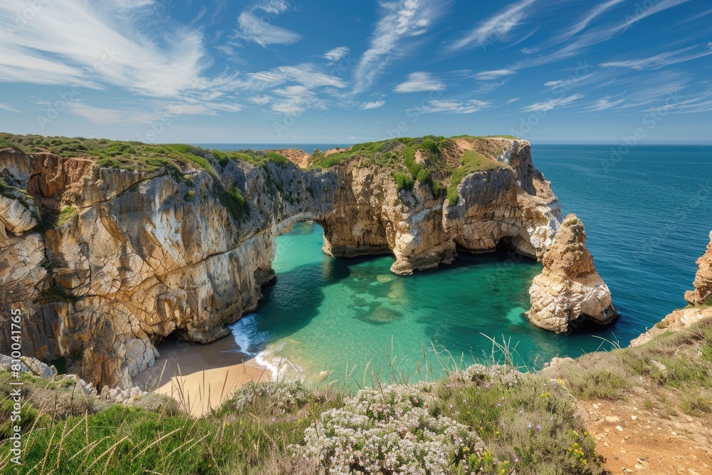 Fototapeta premium A scenic image of a large body of water next to a cliff. Perfect for nature and travel concepts