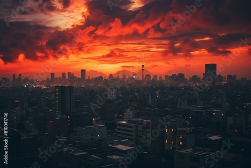 Fiery sunset creates a stunning backdrop for a city s silhouette  highlighting the urban horizon