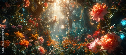 A Mystical Garden of Blooming Exotic Flowers and Mythical Creatures Igniting Imagination and