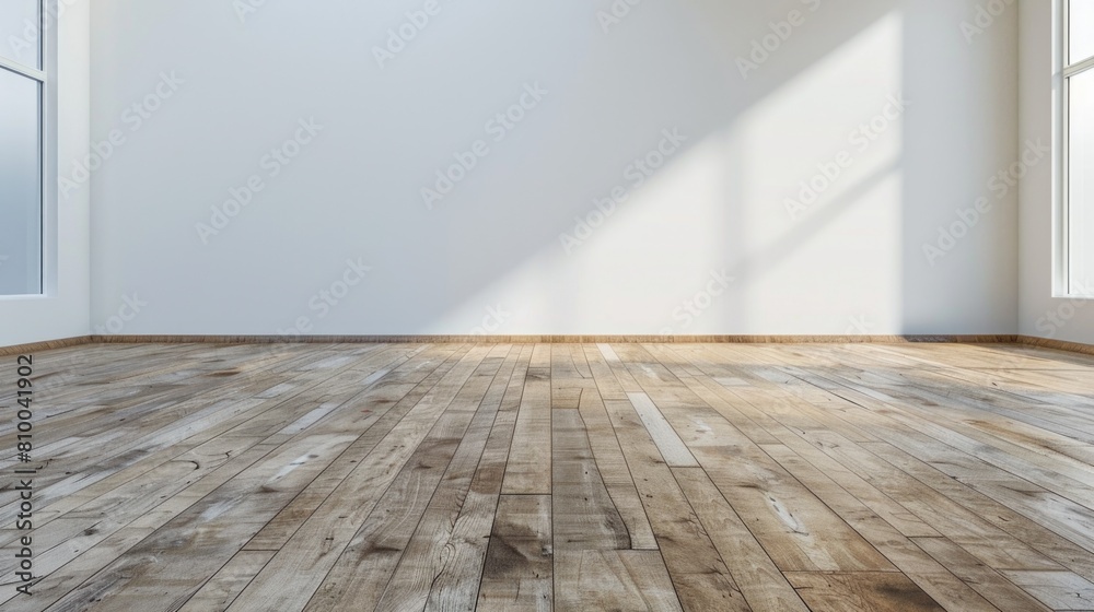 Naklejka premium An empty room with a wooden floor and large windows. Suitable for real estate or interior design concepts