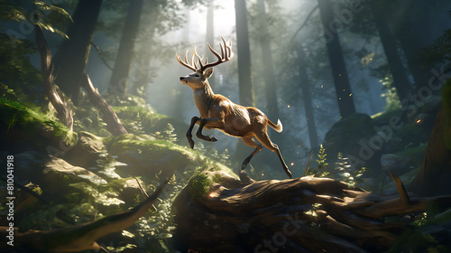 A startled deer leaping gracefully over fallen logs in the depths of the jungle. photo