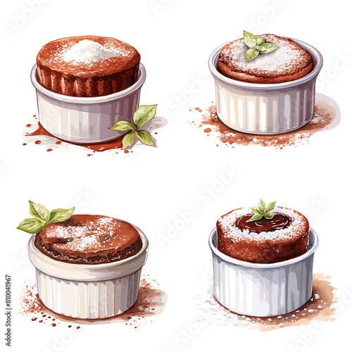 Delightful chocolate soufflés served in ramekins, dusted with powdered sugar and garnished with mint leaves, perfect for elegant desserts or gourmet presentations